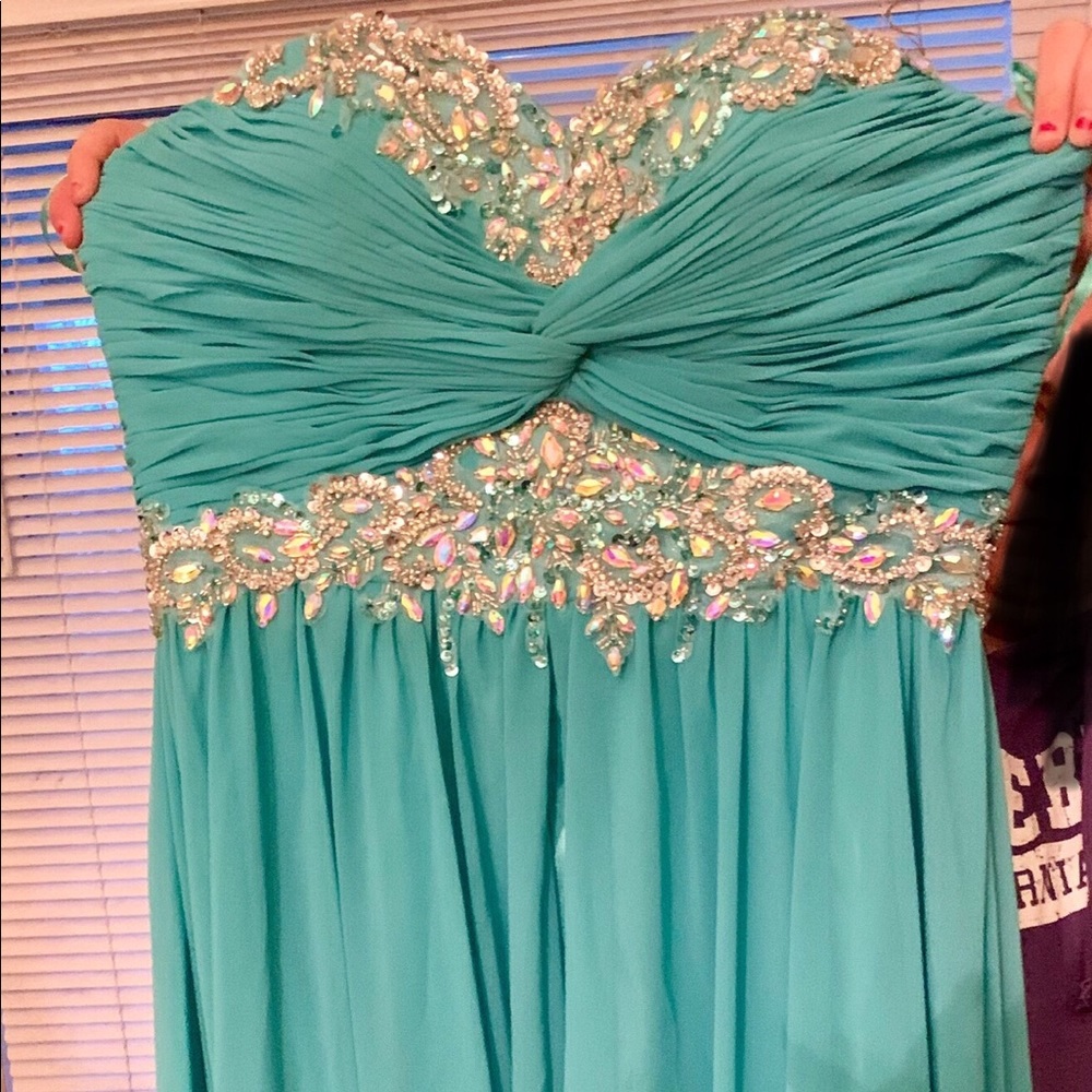 Strapless teal prom dress